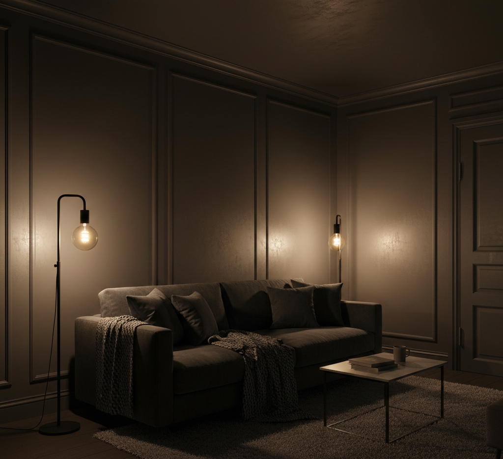 Moody living room at night featuring warm 2700K bulbs and grazing light on textured walls.