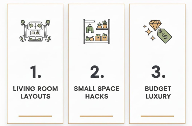 Infographic of the three core pillars of Decor in Dimes: Living Room Layouts, Small Space Hacks, and Budget Luxury