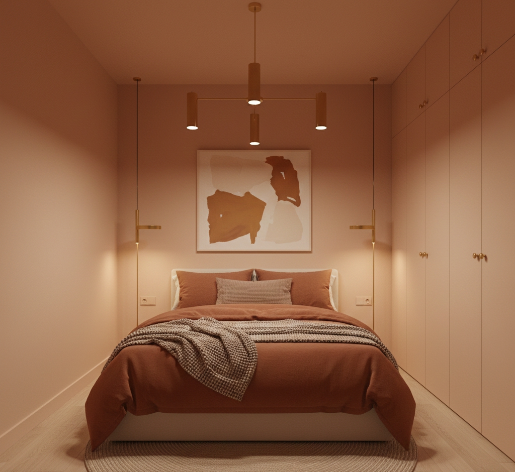 Infographic explaining the 60-30-10 rule for monochromatic room design using shades of terracotta