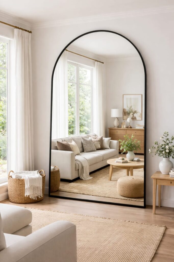 Large Threshold arched mirror leaning against a wall near a window to reflect light in a small living room.