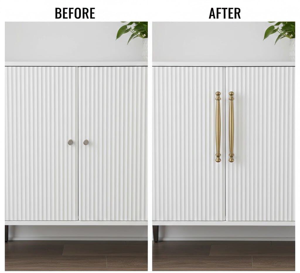 Split-screen image showing a standard Target cabinet with default pulls vs. the same cabinet with high-end aged brass hardware.