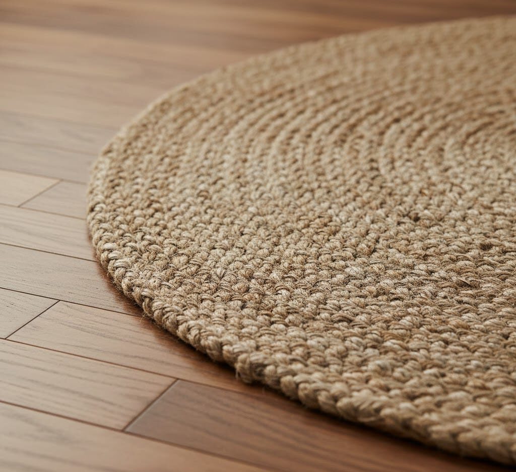 Detailed close-up of a Hearth and Hand natural jute rug placed at a 45-degree angle on hardwood flooring.