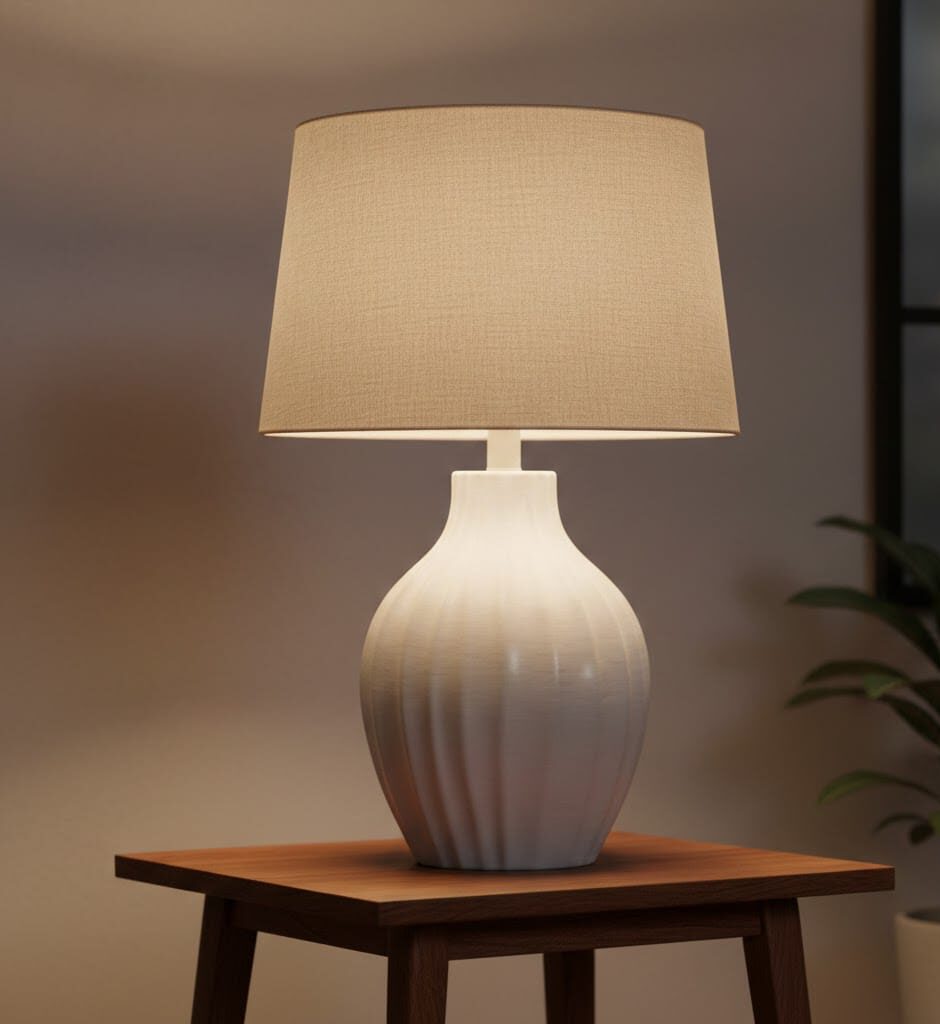 An oversized white ceramic table lamp, at least 24 inches tall, styled on a small modern Target side table.