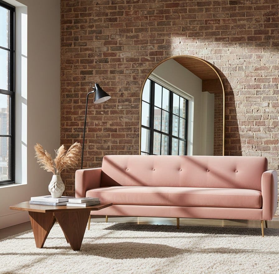 Neutral toned Project 62 leggy sofa pulled away from a long wall with a slim wooden console table placed behind it.