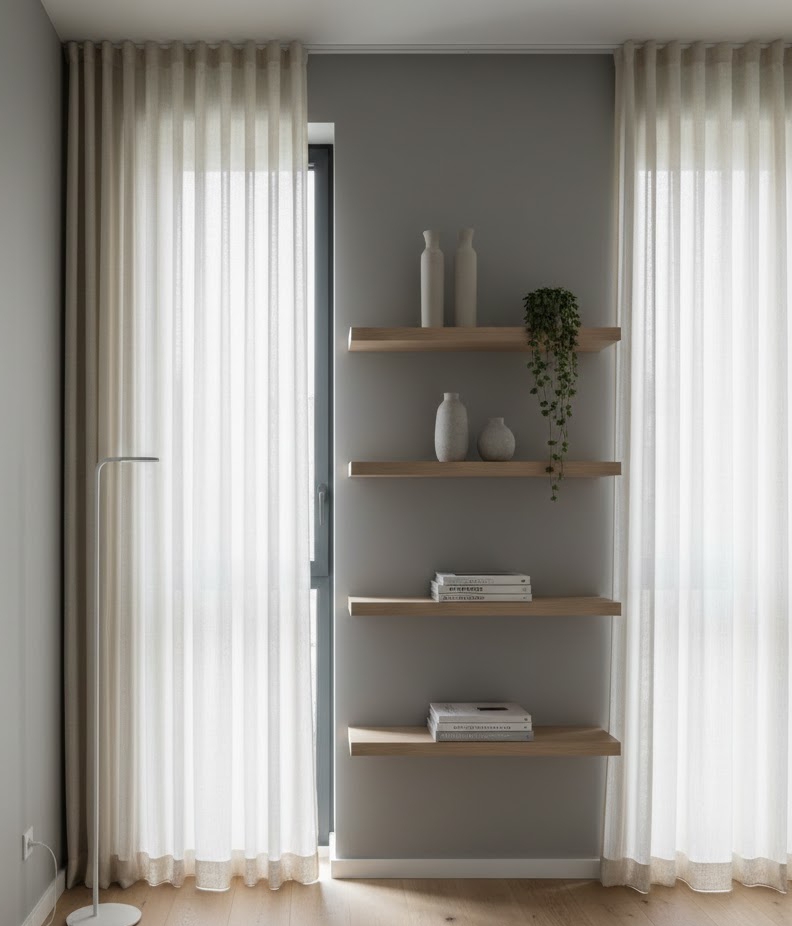 High-hung floor-to-ceiling curtains and floating shelves in a narrow rectangular living room design.