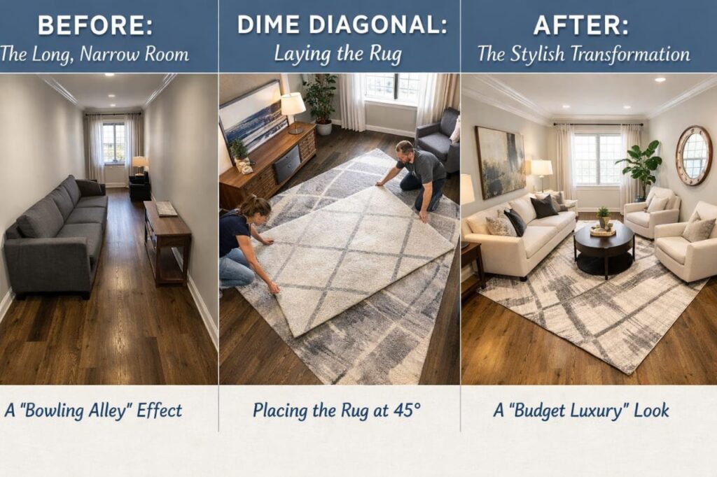 Before and After photo of a narrow 9-foot wide living room with furniture pushed against long walls creating a cramped bowling alley effect. High-angle shot of a 9x12 jute rug being placed at a sharp 45-degree angle on a hardwood floor in a narrow room. : Completed budget luxury living room featuring an 88-inch leggy sofa and swivel chairs on a diagonal rug.