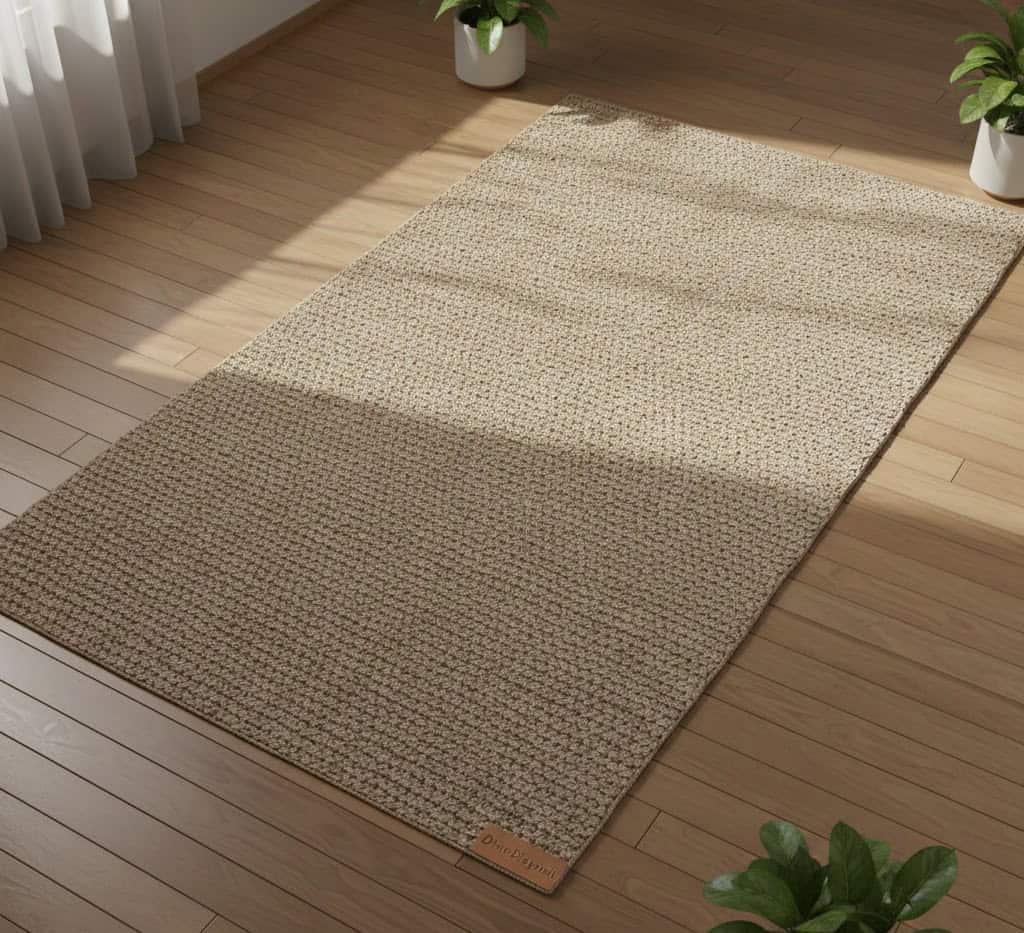 High-angle shot of a natural jute rug placed at a 45-degree angle to visually widen a narrow living room.