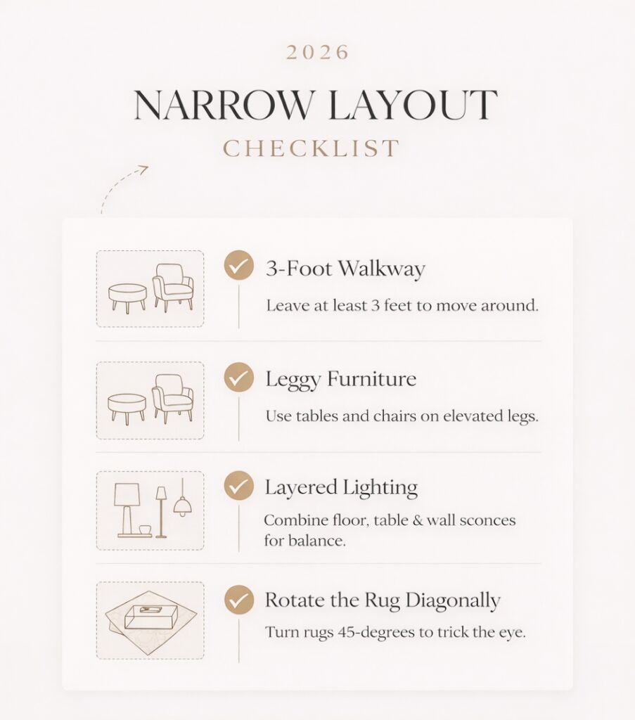 Budget luxury furniture collage featuring an oversized arch mirror, acrylic coffee table, and brass wall sconces for small spaces.