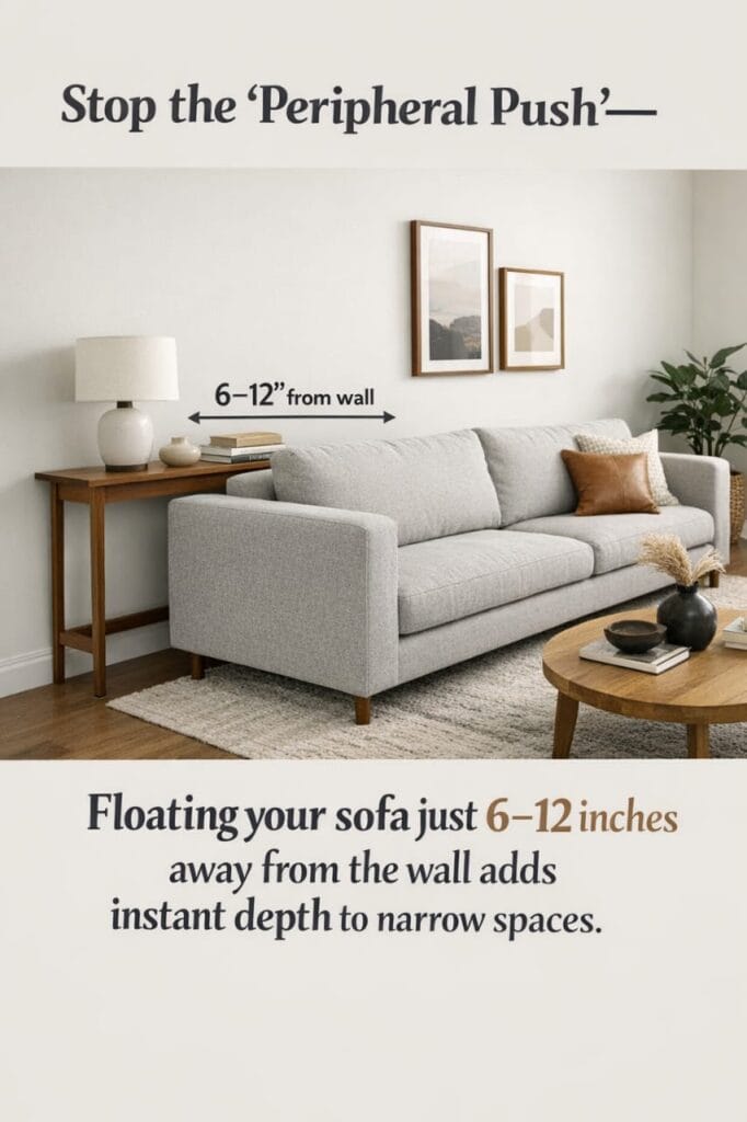 Modern sofa pulled away from a long wall with a slim wooden console table placed behind it to create architectural depth.