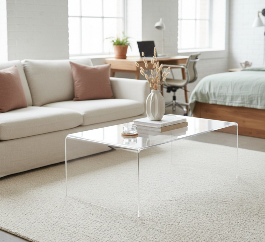 A storage ottoman used as a coffee table in a small living room layout with a TV.
