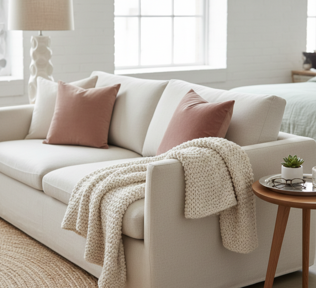  Close up of a sofa with velvet pillows, a boucle throw, and chrome hardware accents.