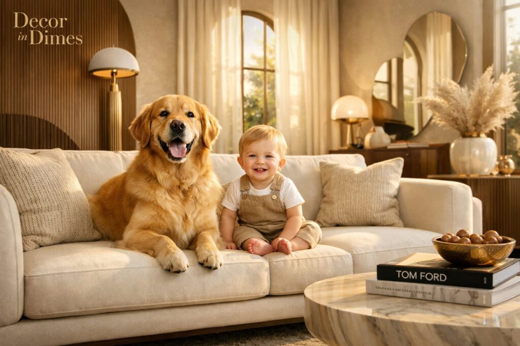 A luxury cream-colored performance velvet sofa featuring a toddler and a golden retriever, with the Decor in Dimes logo in the top left corner.
