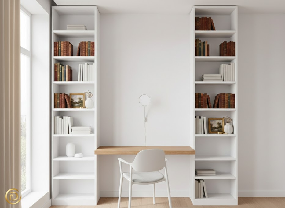 A DIY floor plan showing two Billy bookcases with a 30-inch desk gap for a home office.

