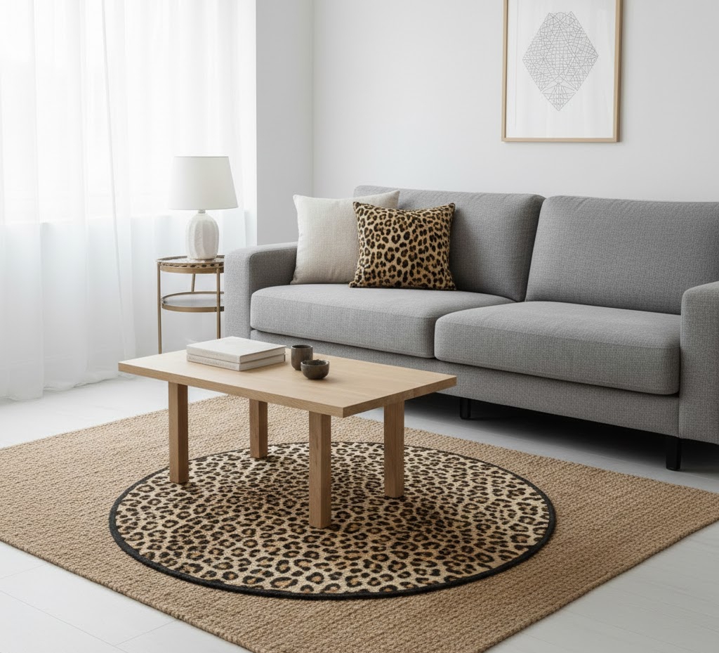 High-angle shot of a leopard print area rug layered over a natural jute rug in a neutral living room.
