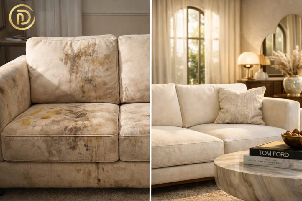 A split visual showing the long-term durability of performance fabric versus standard fabric, branded with the Decor in Dimes logo.
