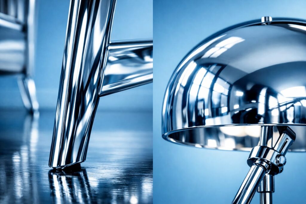 Close-up of a polished chrome lamp base reflecting a modern interior, highlighting the cool blue undertones of 2026 metal trends