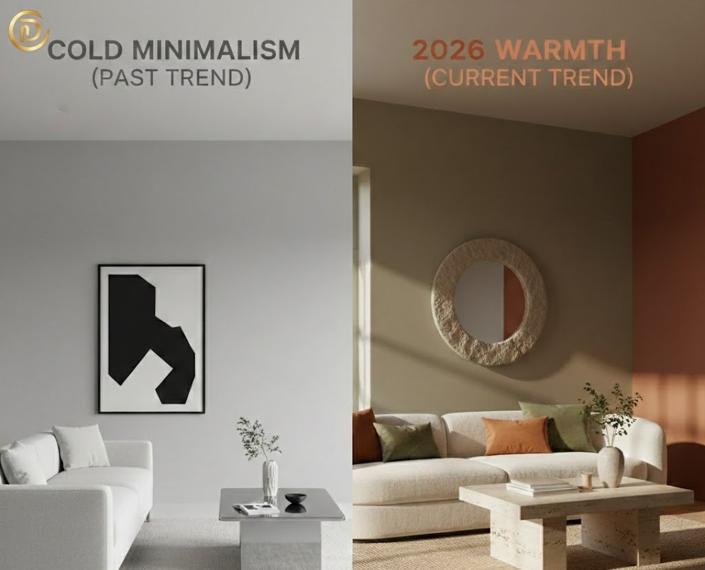 Comparison of cold grey minimalism versus 2026 warm luxury decor trends.
