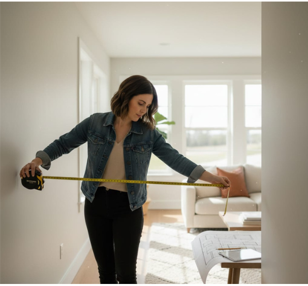 Professional interior designer Maren Cole measuring a narrow living room layout for a budget luxury project.