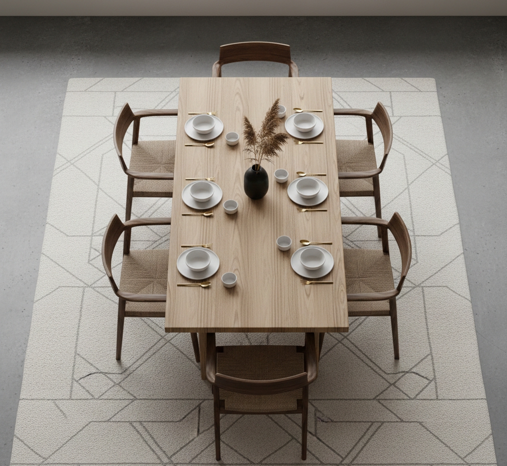  Dining room rug size guide showing the 24-inch rule for chair clearance.
