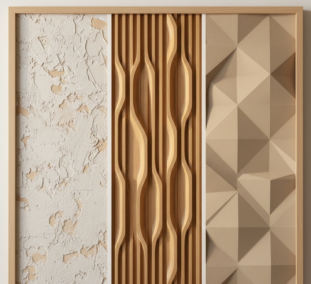Close-up of DIY 3D textured wall panels and hand-applied plaster finish for a budget luxury home.