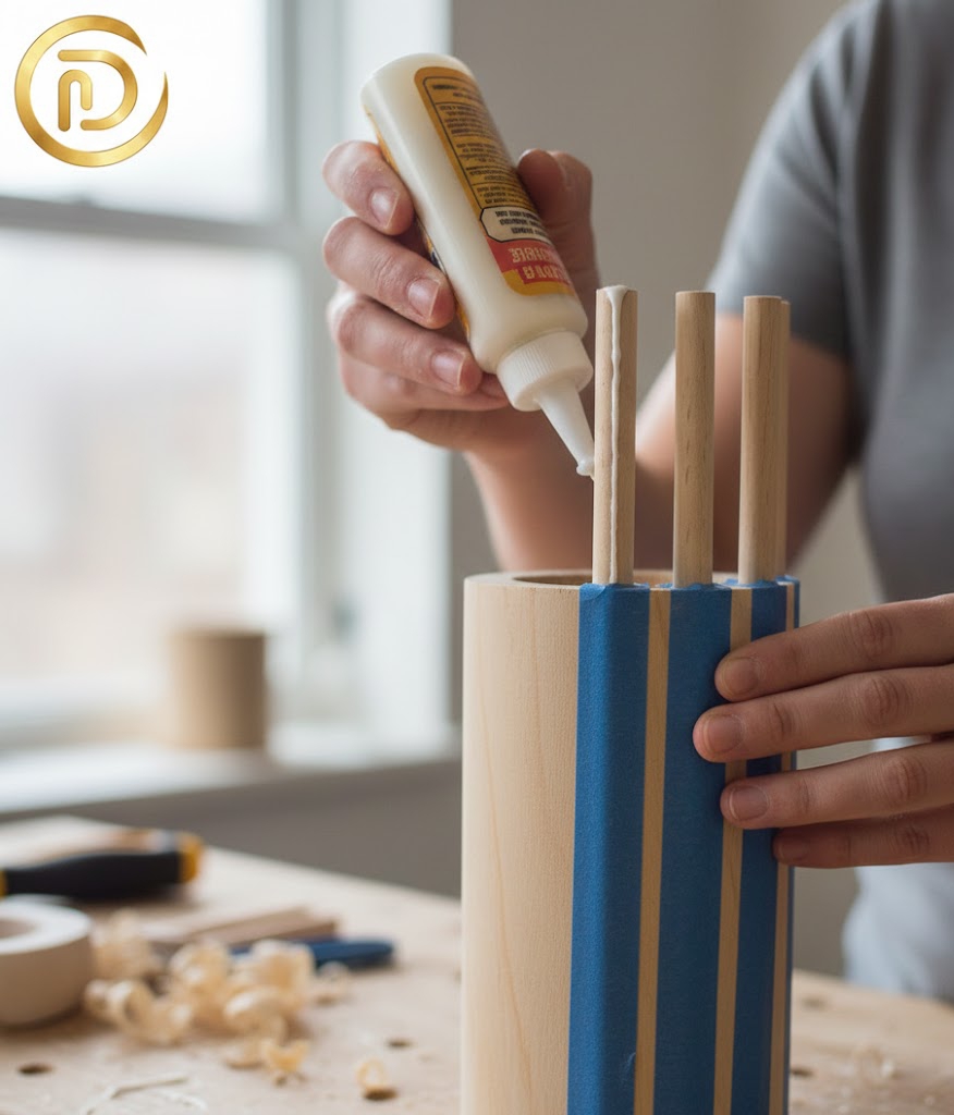 Close up of wooden dowels being glued to a cylindrical table base