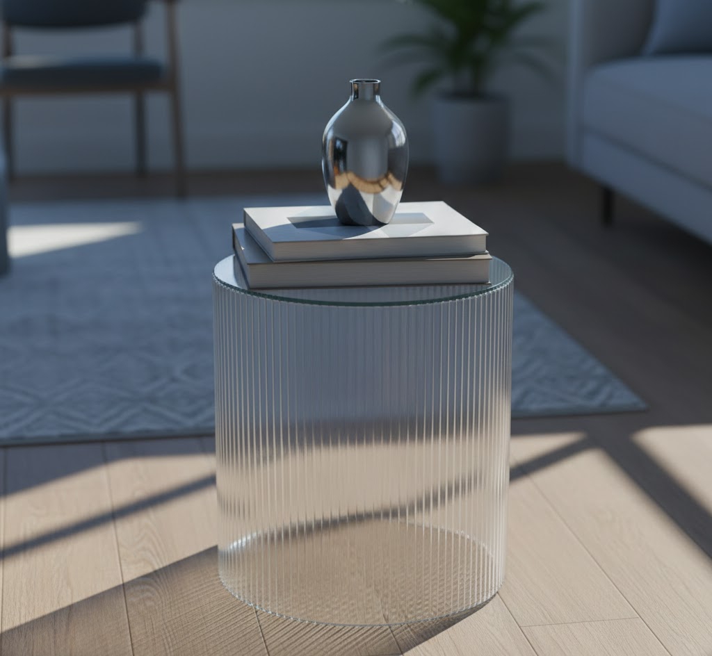 A side table with DIY fluted glass texture achieved with ribbed window film, styled with a chrome vase.