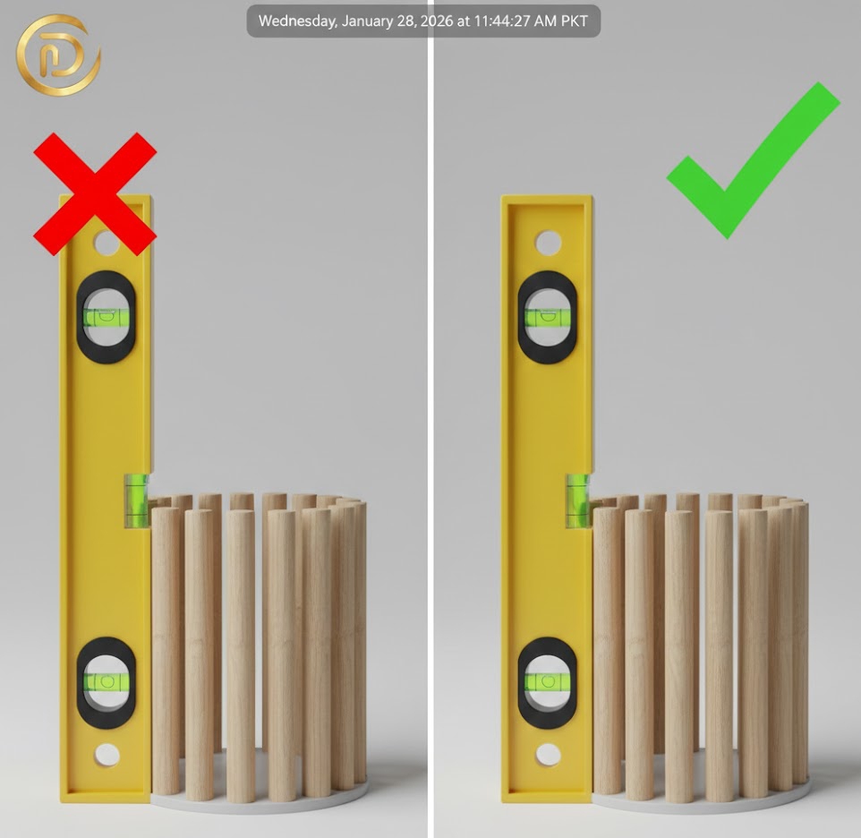 Comparison of crooked wood dowels versus perfectly level fluting on a DIY table.
