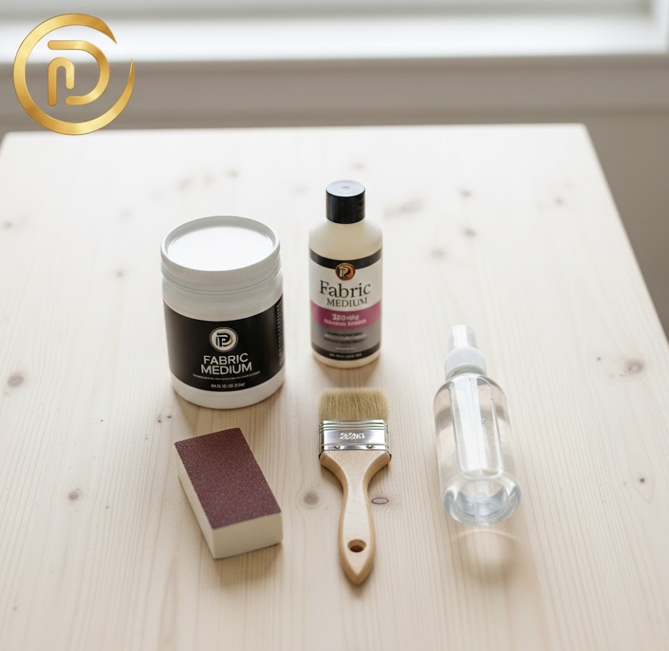 A complete kit of supplies for painting furniture, including textile paint and fabric medium.