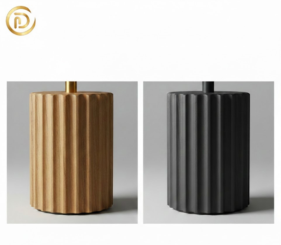 Side-by-side of wood dowels, pole wrap, and half-round molding.