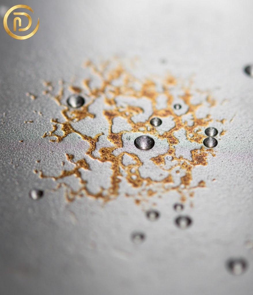 Close-up of vinegar mist reacting with mirror spray paint to create an aged texture.
