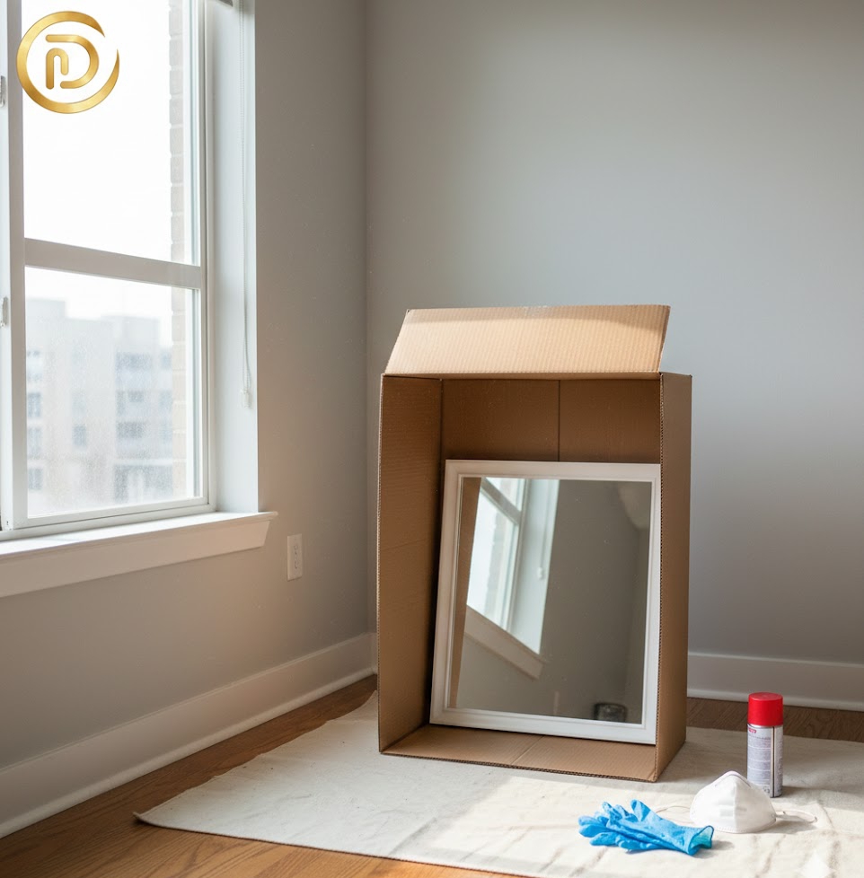 Safe DIY spray paint setup in a small apartment using a cardboard box for ventilation.