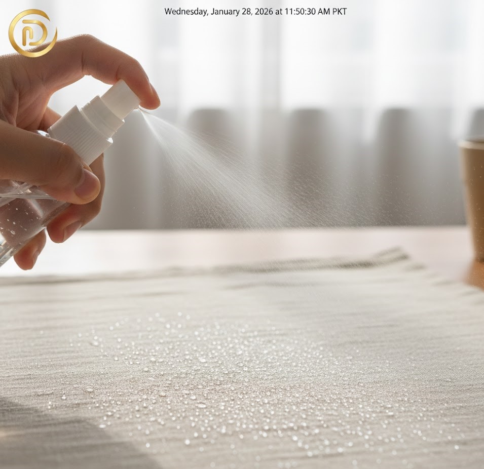 A hand using a fine-mist spray bottle to dampen grey upholstery fabric before applying paint.