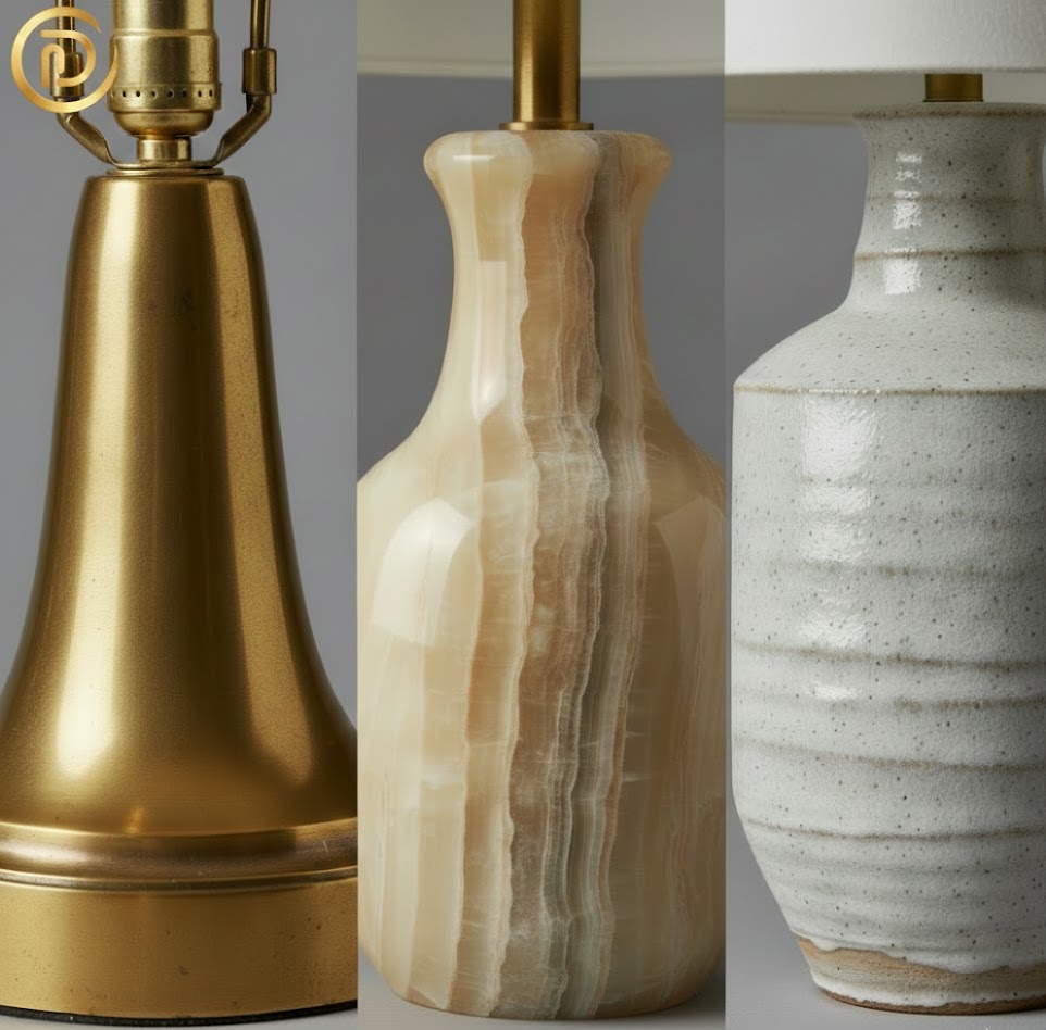 Close-up details of high-quality vintage lamp materials including aged brass and hand-thrown ceramic.