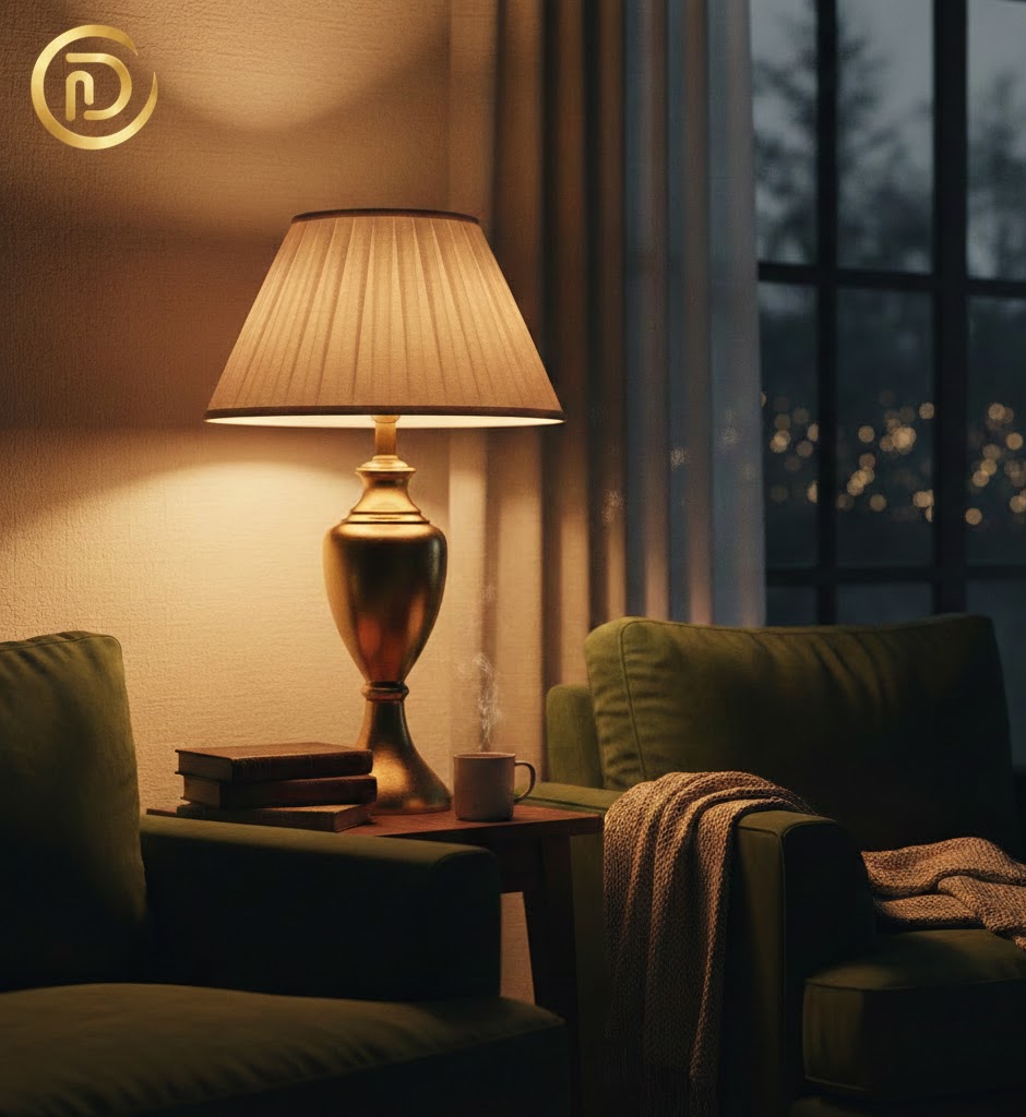 A cozy reading nook illuminated by a thrifted lamp with a warm 2700K LED bulb for a luxury feel.