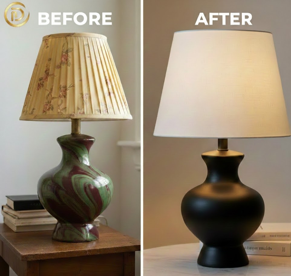 Before and after of a thrifted lamp transformation using matte black paint and a pleated shade.