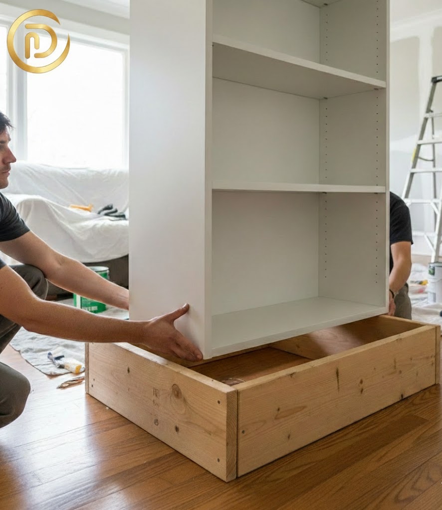 A wooden 2x4 base frame constructed to elevate IKEA Billy bookcases for a built-in look
