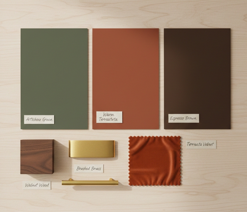 2026 interior design color palette including artichoke green, warm terracotta, and espresso brown swatches.