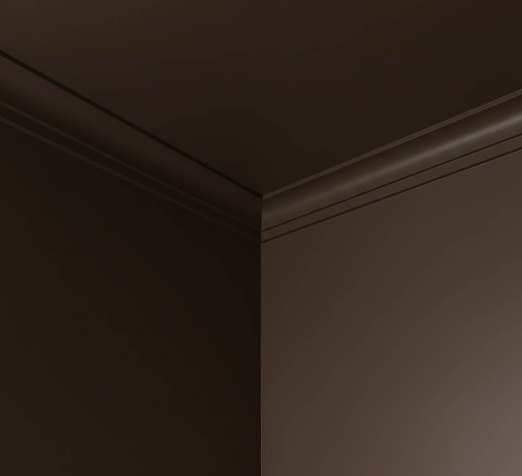 Close up of a room corner painted in espresso brown showing the invisible corner effect where walls meet the ceiling.