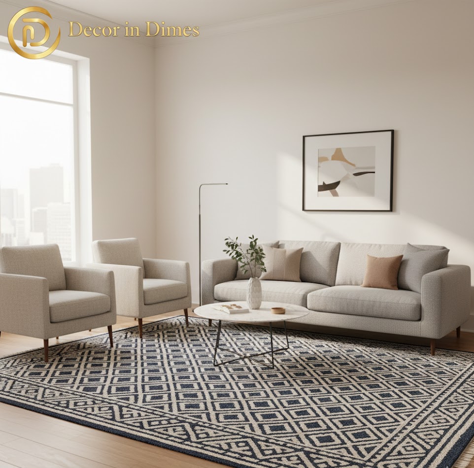 Proper living room layout using a high-quality living room rug under $200.
