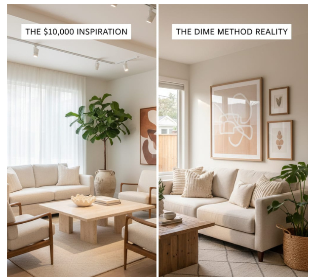 Interior design on a budget comparison: $10,000 showroom inspiration vs. the affordable Decor in Dimes reality.
