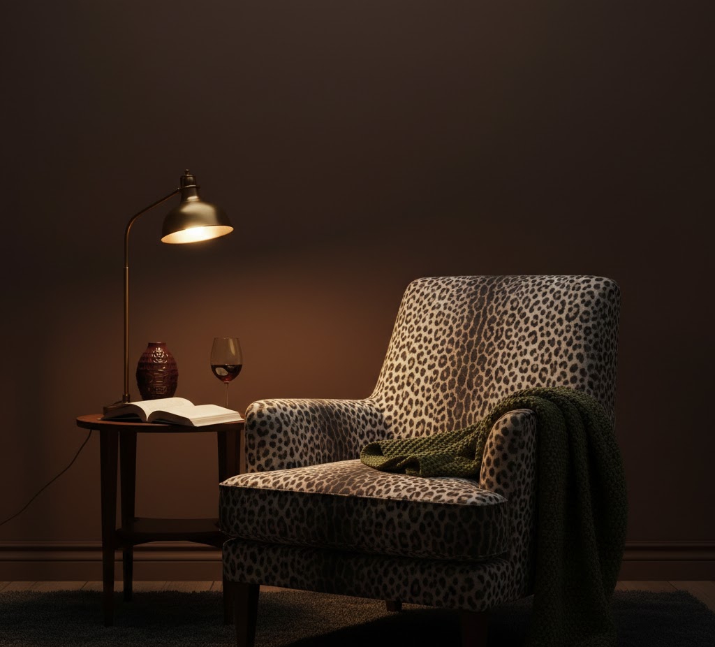 Moody home office corner with chocolate brown walls and a vintage leopard print armchair for a warm minimalism aesthetic.
