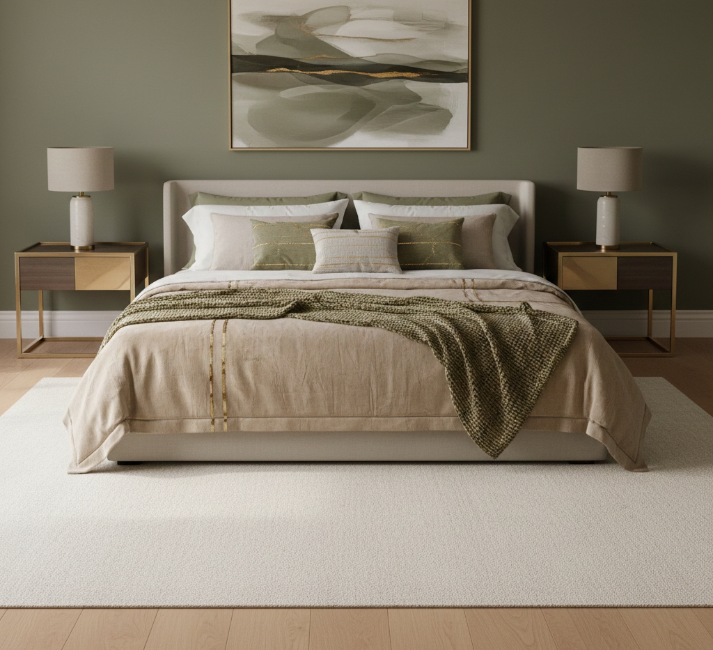 Standard rug size for king bed showing professional placement and 2026 texture trends.
