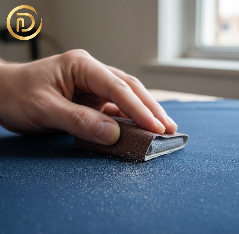 Close-up of 320-grit sandpaper being used to soften a painted fabric chair.