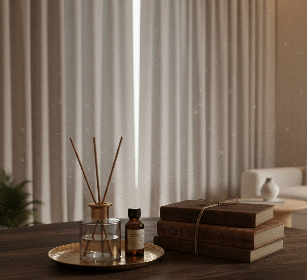 Sustainable home decor aesthetic featuring a reed diffuser, vintage brass tray, and textured stone accessories.