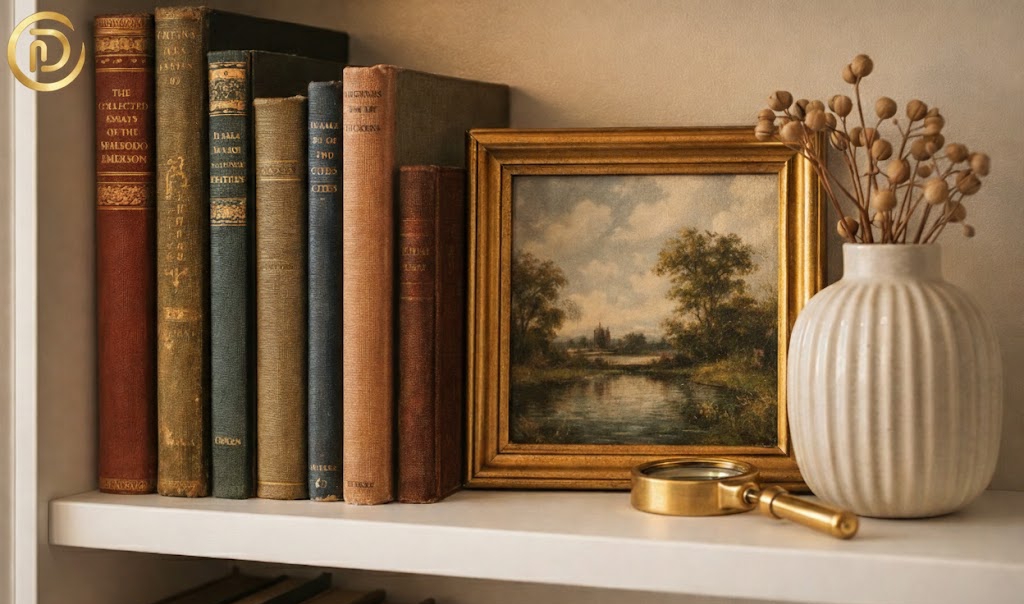 Styled IKEA Billy shelves featuring a mix of books, framed art, and glassware.