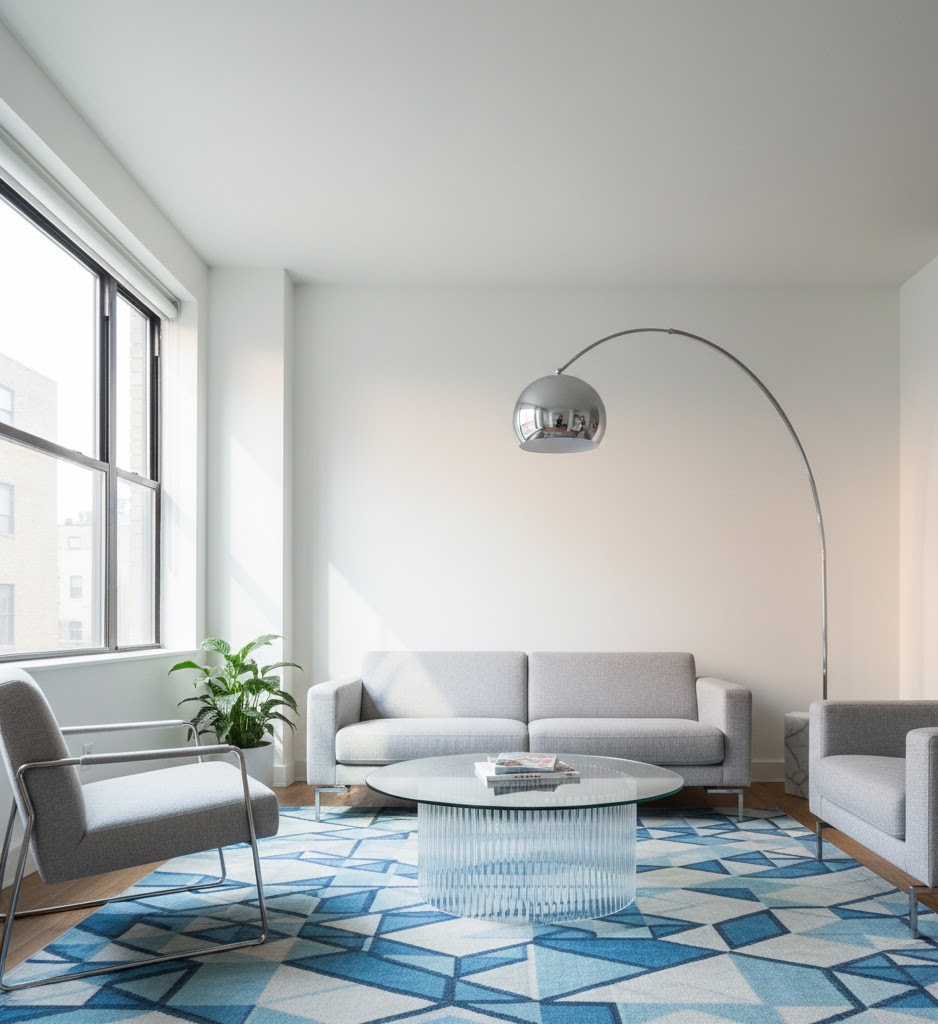 A small urban living room layout featuring a transparent glass coffee table that makes the floor plan look larger and uninterrupted.