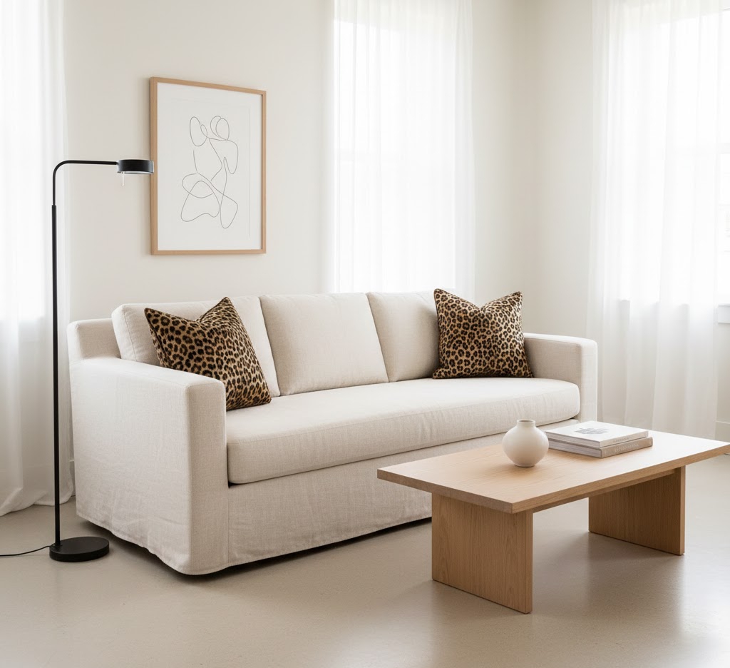 Minimalist small living room hacks featuring two leopard print pillows on a cream sofa with a matte black floor lamp.