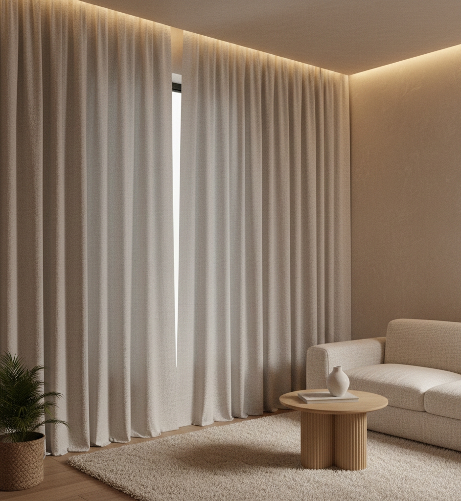 Using vertical linen curtains and 3D textures to add depth to a compact living room layout.