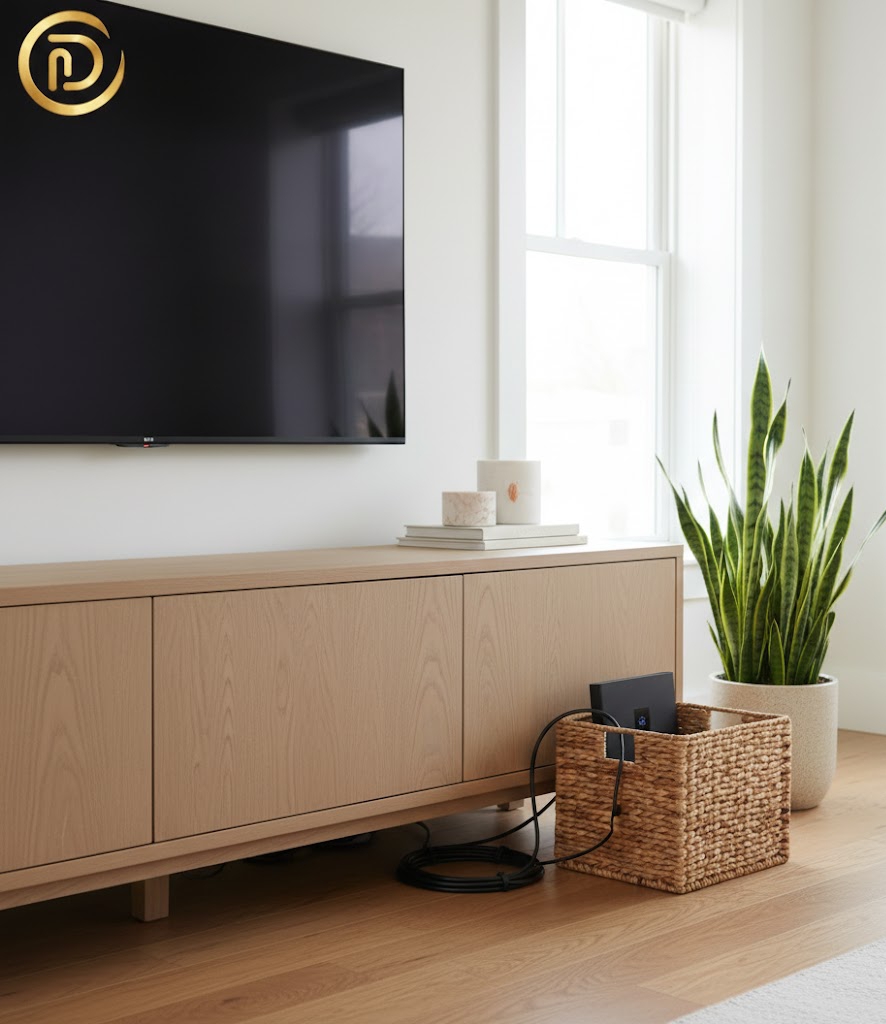 Proper cord management for smart home decor under $50 in a professional living room layout.