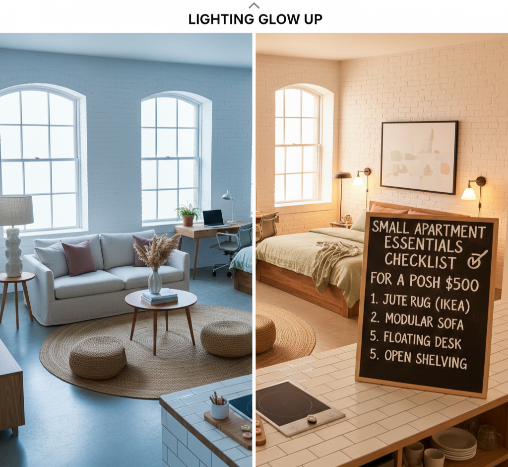  A warm living room corner with a thrifted floor lamp, smart bulbs, and rechargeable LED puck lights.